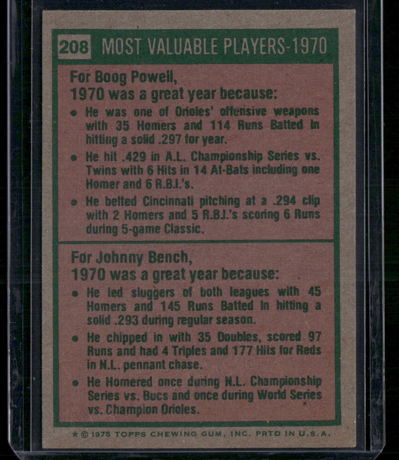 1975 Topps JOHNNY BENCH/BOOG POWELL #208 1970 MVP'S Surface Dents (VG)