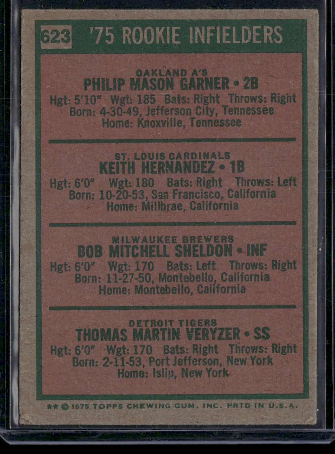 1975 Topps KEITH HERNANDEZ/GARNER/SHELDON/VERYZER #623 75 Rookie Infielders(VG)