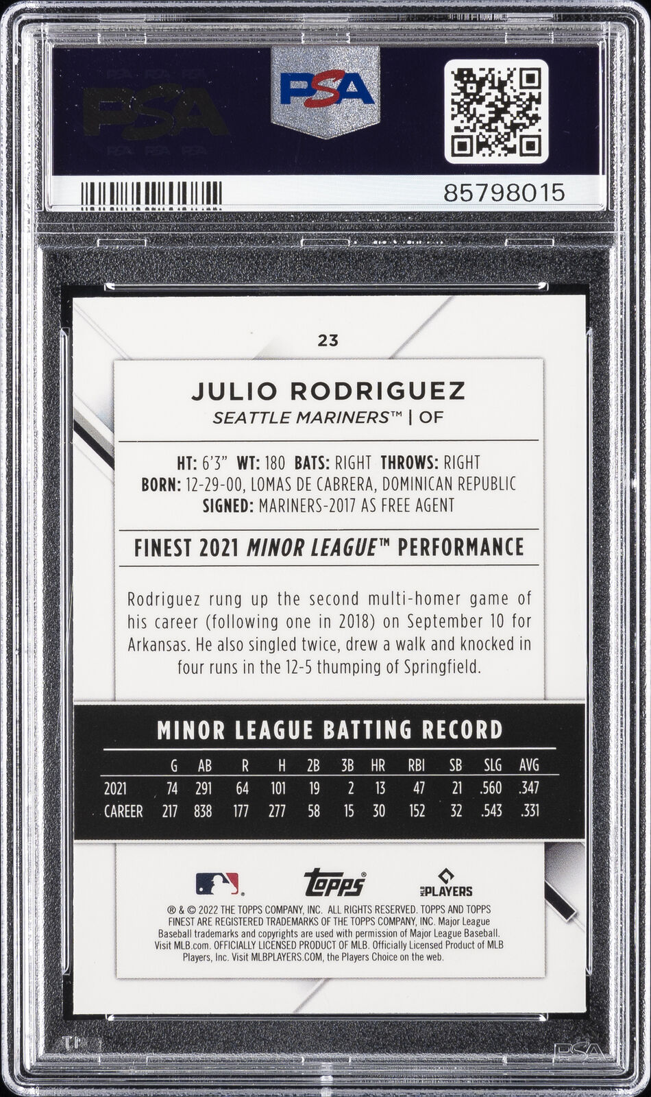 2022 TOPPS FINEST JULIO RODRIGUEZ #23 PSA 10 Rookie RC