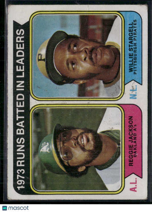 1974 Topps REGGIE JACKSON/WILLIE STARGELL #203 1973 RBI LeadersSurfaceDimple(VG)