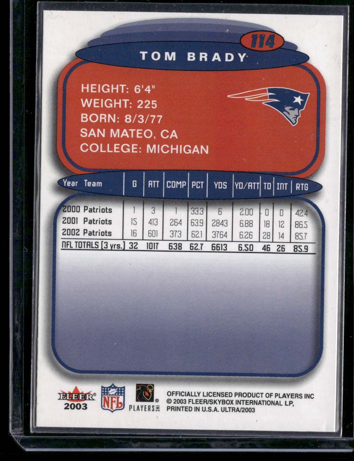 2003 Ultra TOM BRADY #114 (VG-EX)
