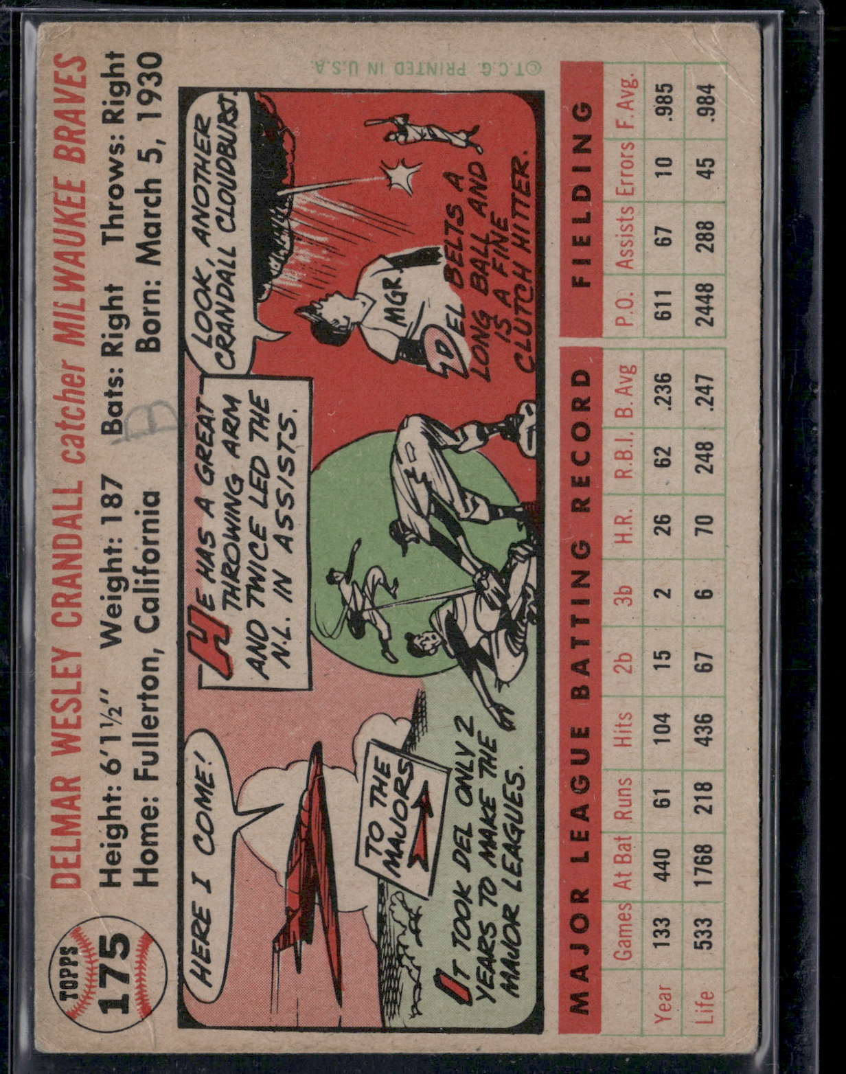 1956 Topps DEL CRANDALL #175 Wrinkles and pencil on back