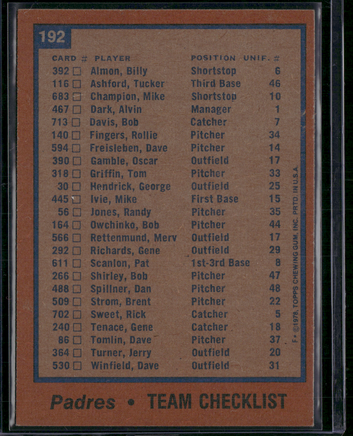 1978 Topps SAN DIEGO PADRES #192 (EX-EX/MT)