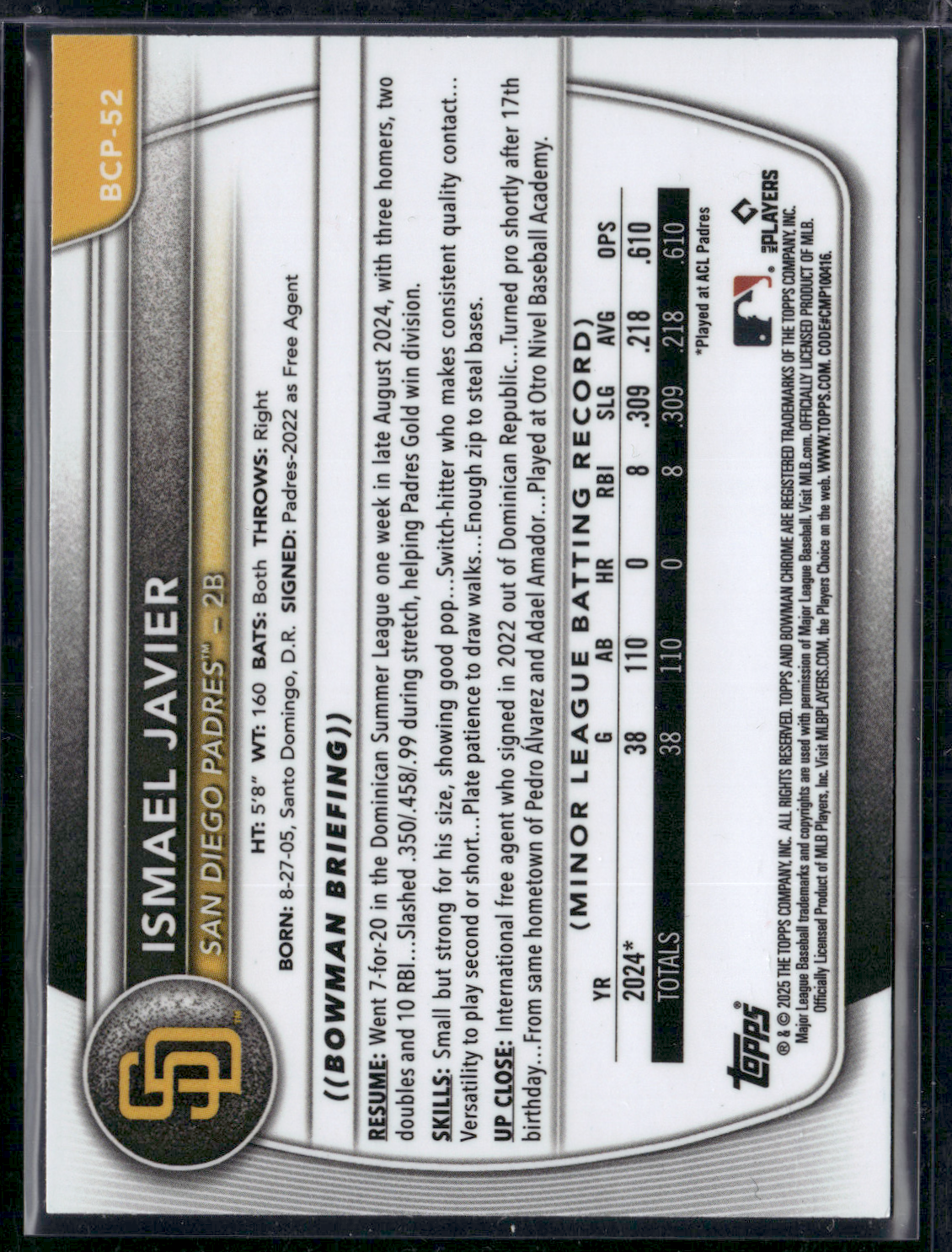 2025 Bowman ISMAEL JAVIER #BCP-52 1st Bowman CHROME