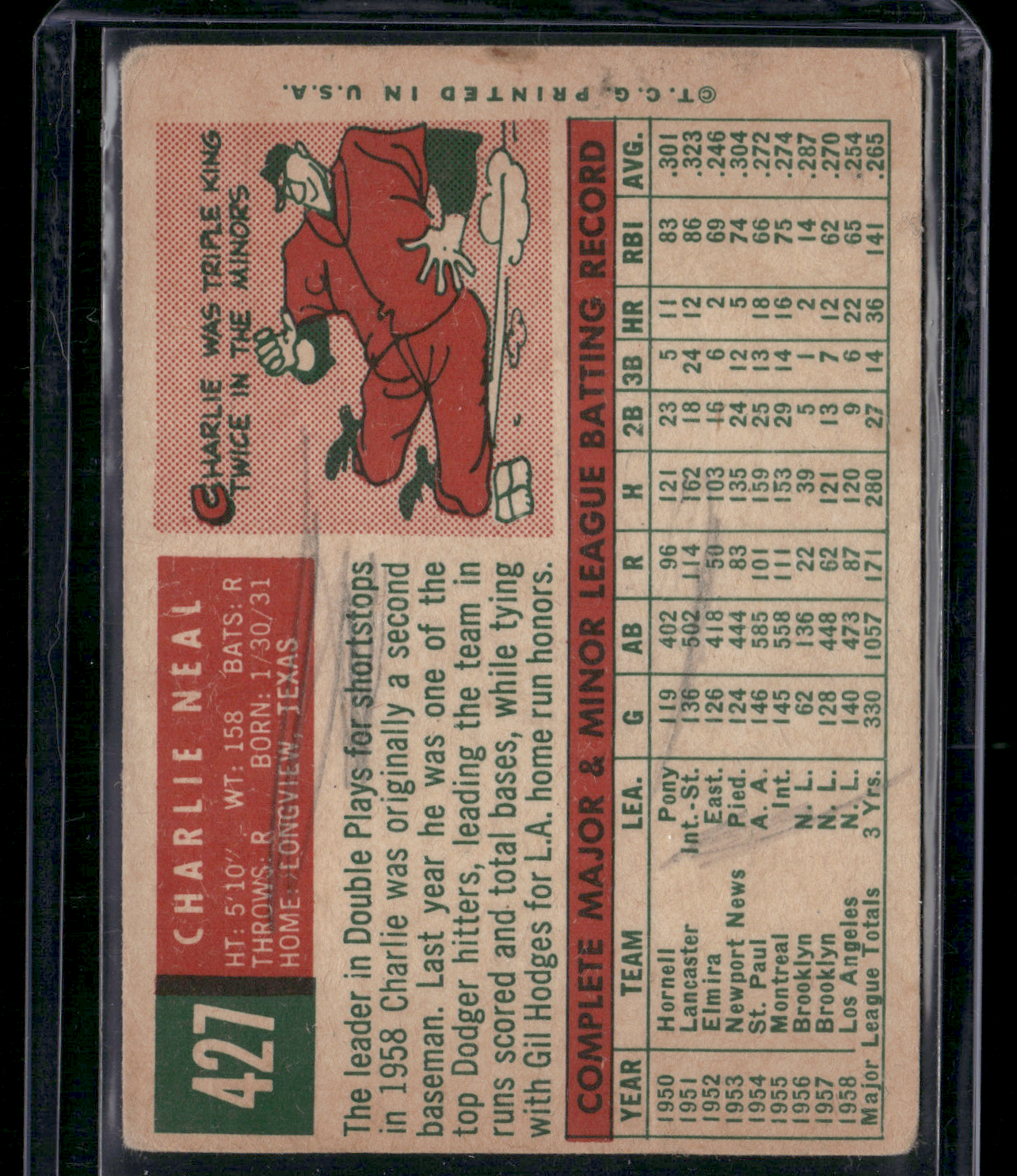 1959 Topps CHARLIE NEAL #427 Pencil on back