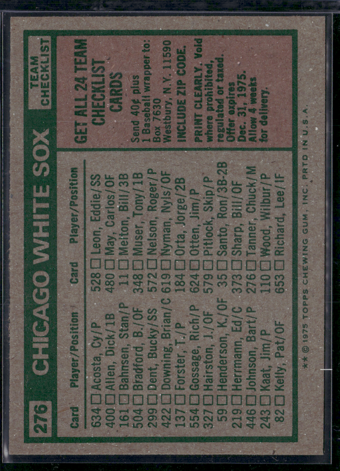 1975 Topps CHICAGO WHITE SOX #276 (EX-EX/MT)