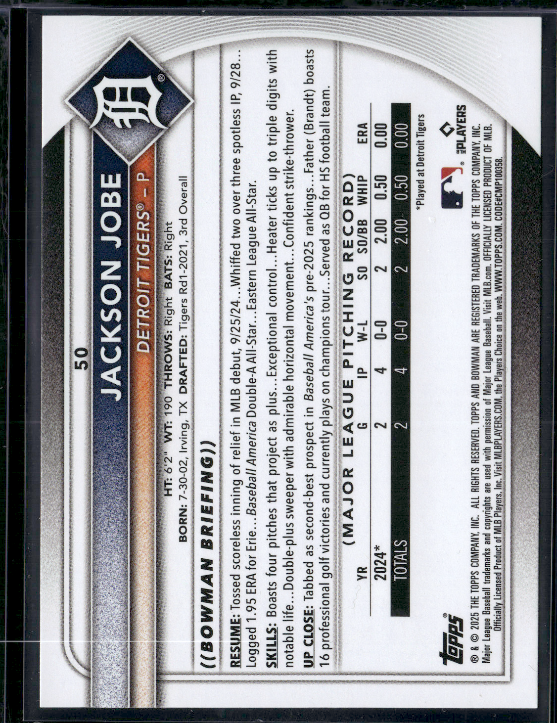 2025 Bowman JACKSON JOBE RC Rookie Card #50