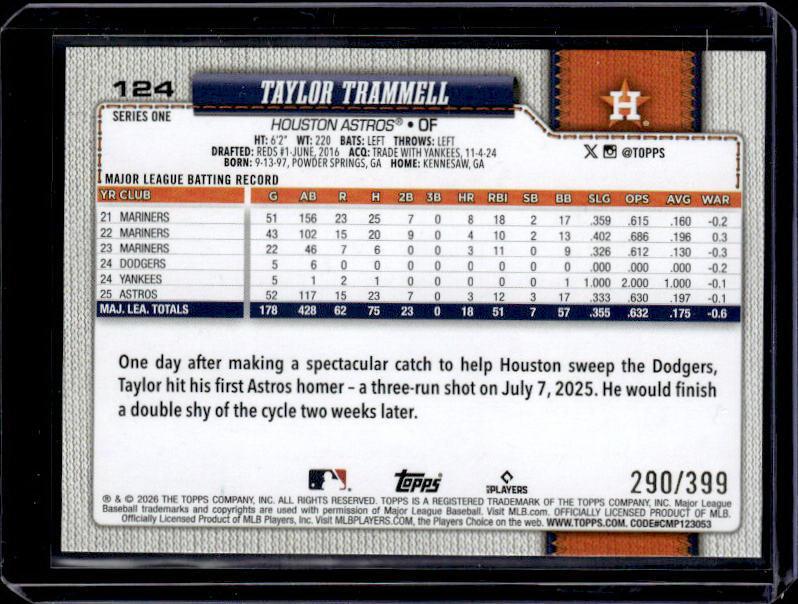 2026 Topps Series 1 TAYLOR TRAMMELL #124 Yellow 290/399