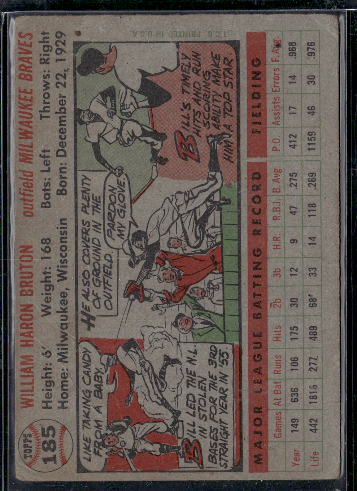 1956 Topps BILL BRUTON #185 Creasing and Wrinkling