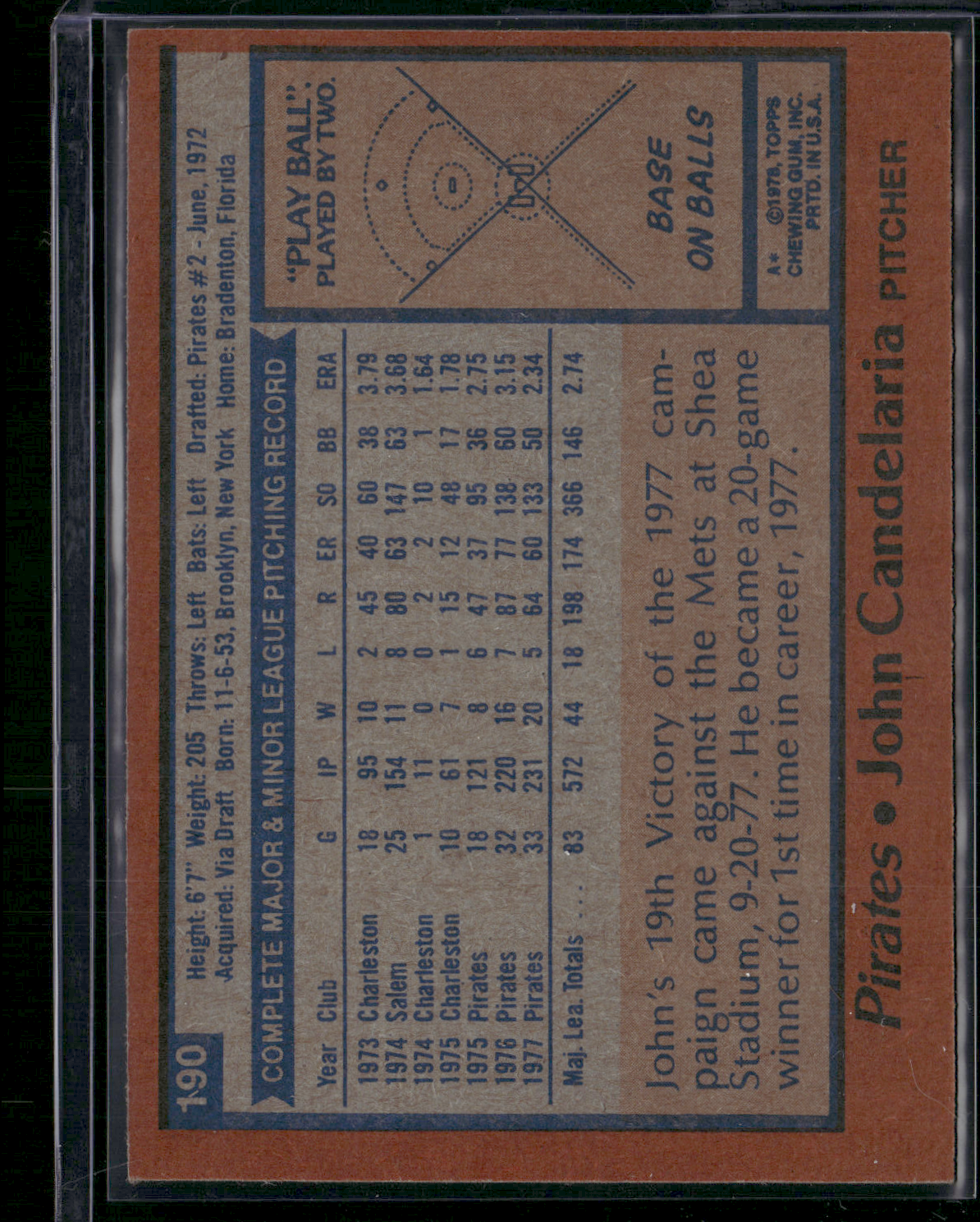 1978 Topps JOHN CANDELARIA #190 Grain Raise (EX)