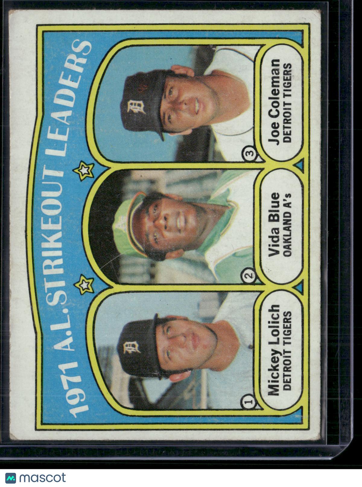 1972 Topps VIDA BLUE/LOLICH/COLEMAN #96 1971 AL Strikeout Leaders (VG-VG/EX)
