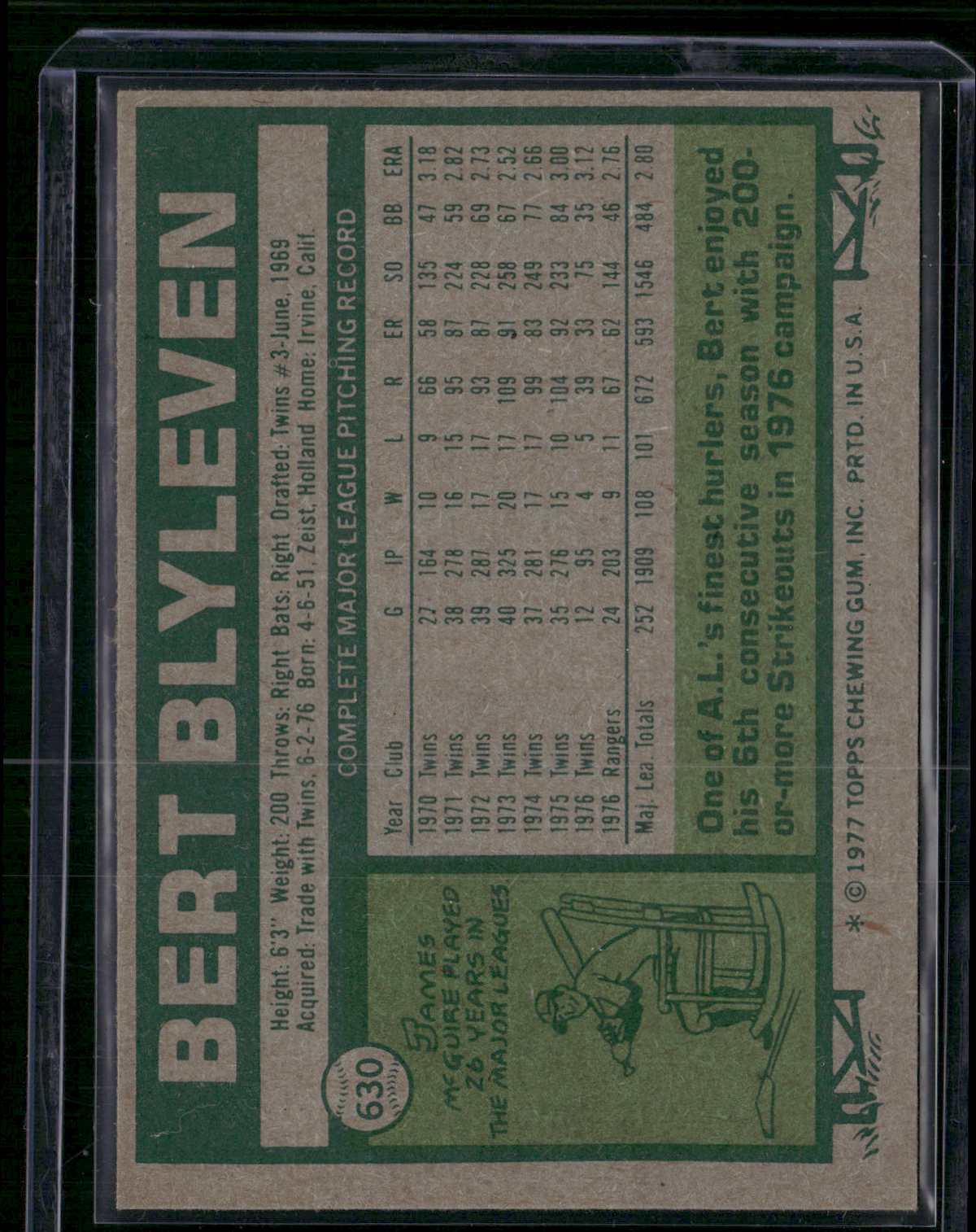 1977 Topps BERT BLYLEVEN #630 (EX-EX/MT)