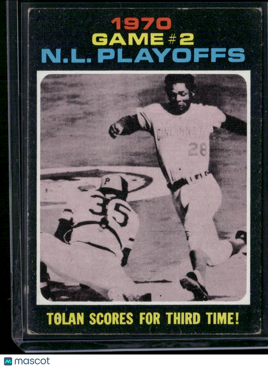 1971 Topps TOLAN SCORES FOR THIRD TIME! #200 1970 NL Playoffs Game 2 (VG)