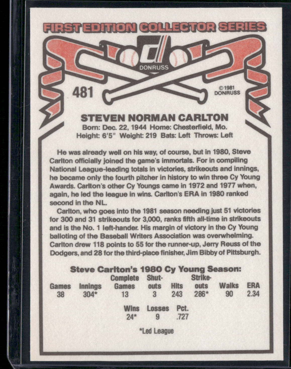 1981 Donruss STEVE CARLTON #481 CY Young (NM)