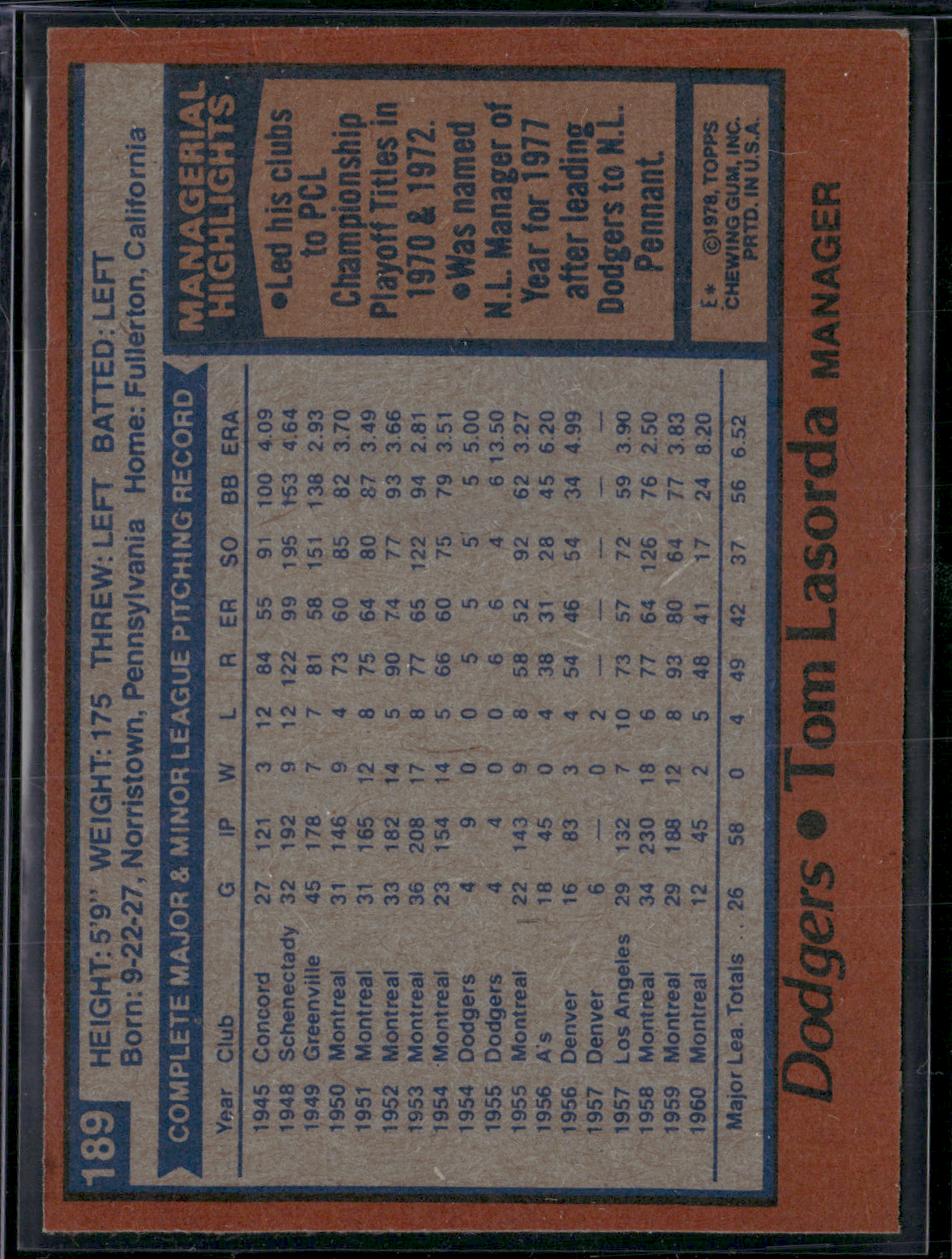 1978 Topps TOM LASORDA #189 Discoloration (EX)