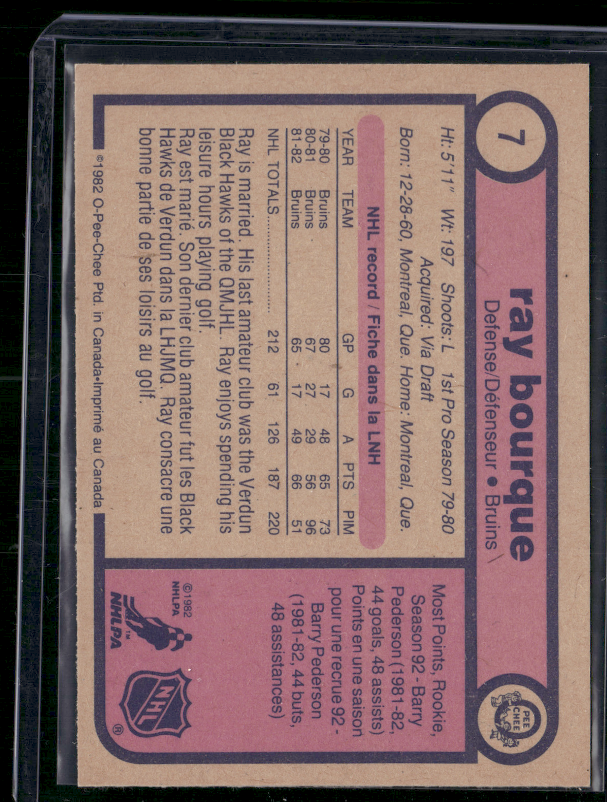 1982 O-Pee-Chee RAY BOURQUE #7 Slight Back Edge Crush (EX)