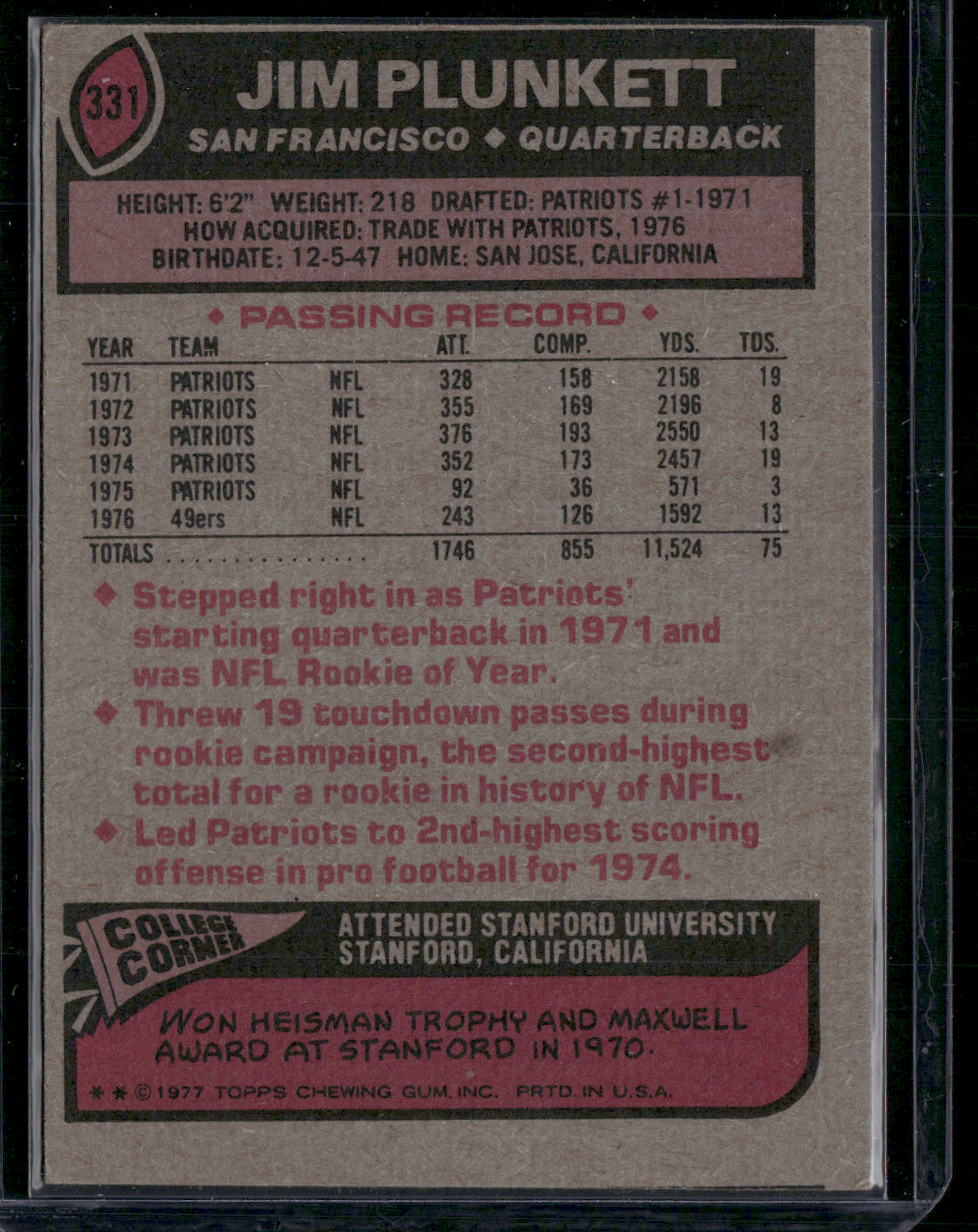 1977 Topps JIM PLUNKETT #331 Miscut (VG/EX)