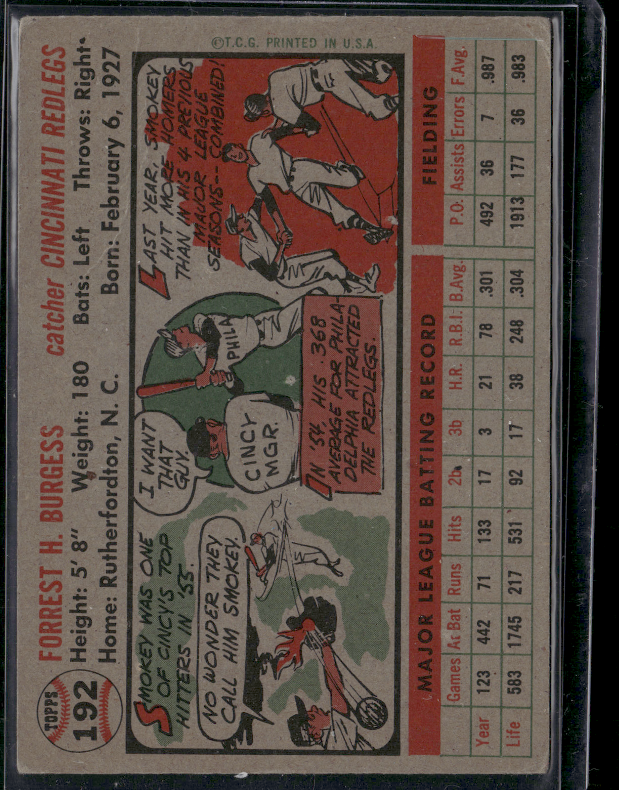 1956 Topps SMOKY BURGESS #192 Pinholes