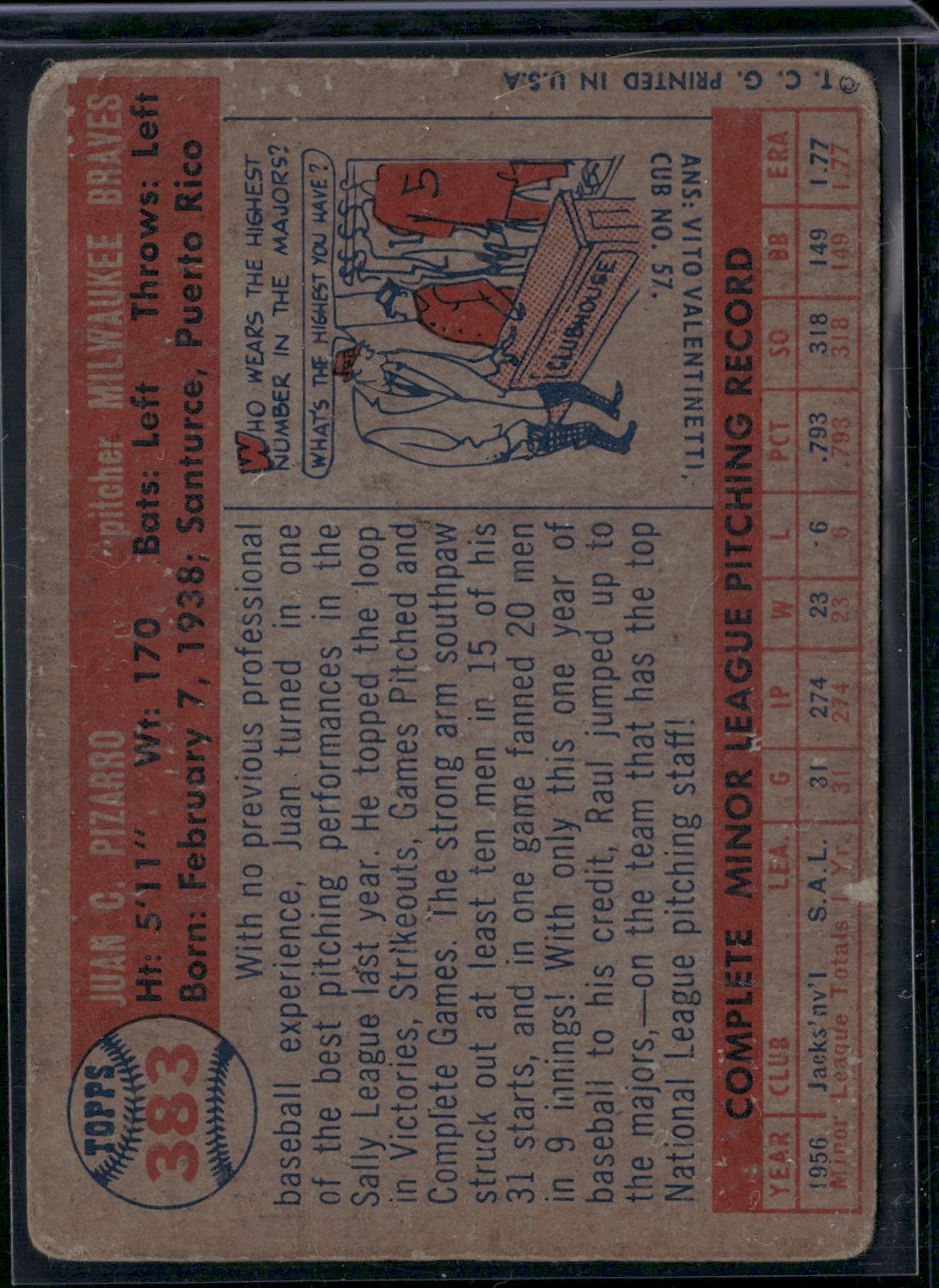 1957 Topps JUAN PIZARRO #383 Rookie RC