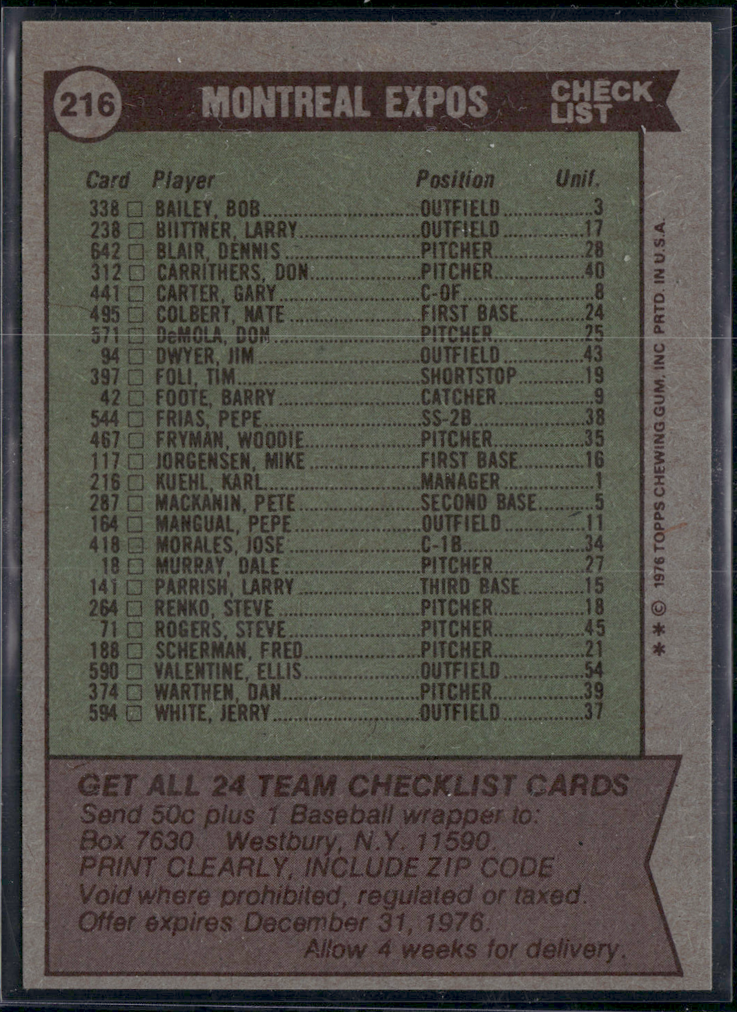 1976 Topps MONTREAL EXPOS #216 (EX-EX/MT)