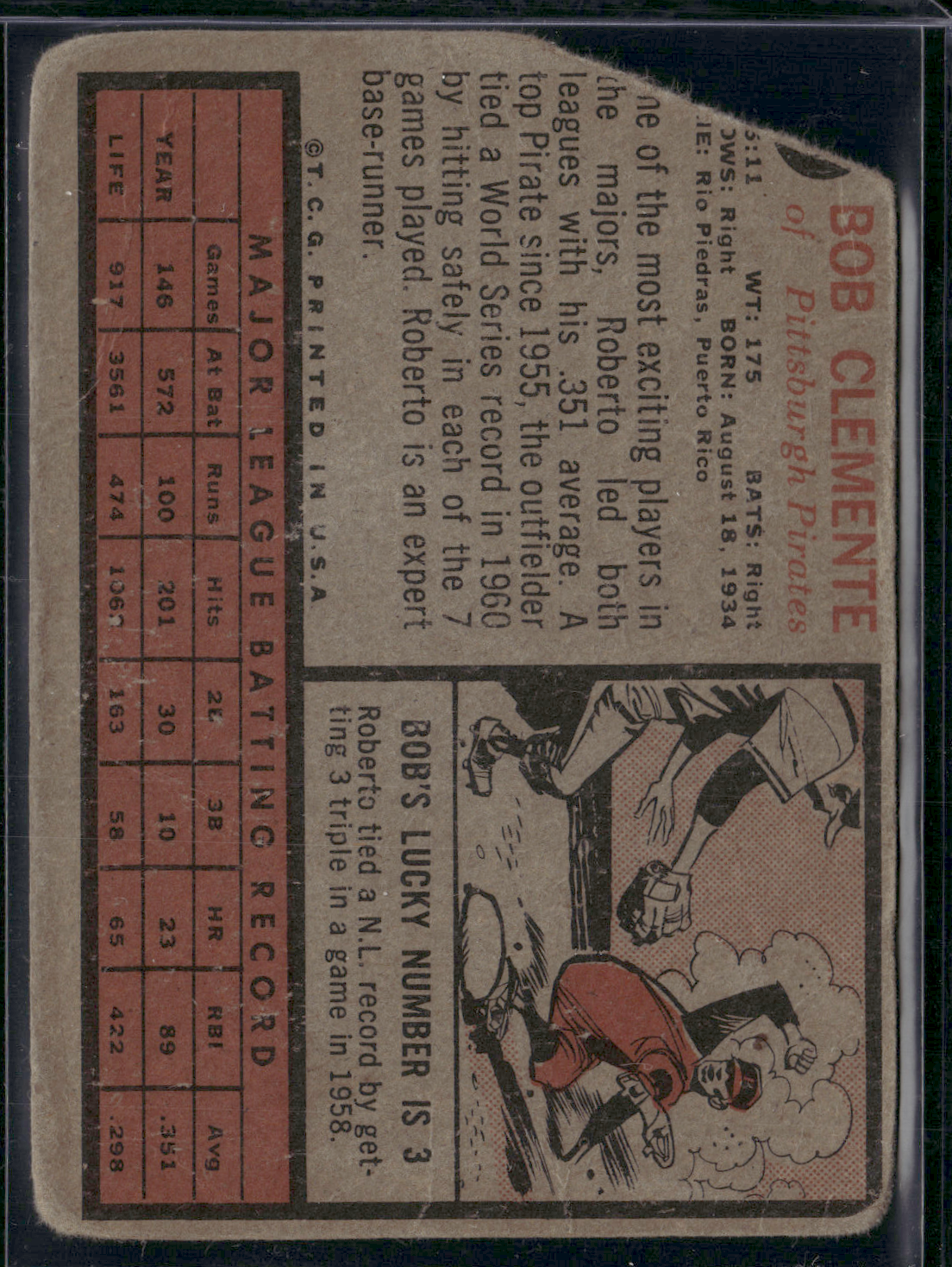 1962 Topps ROBERTO CLEMENTE #10 Toning Light Wrinkles Cut Corner (Poor)