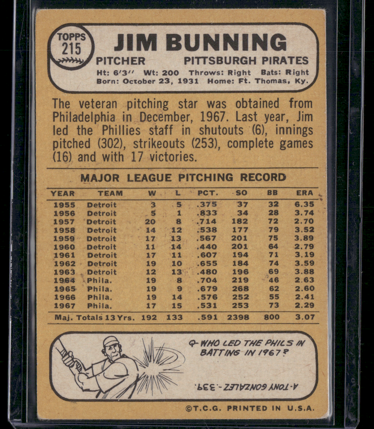 1968 Topps JIM BUNNING #215