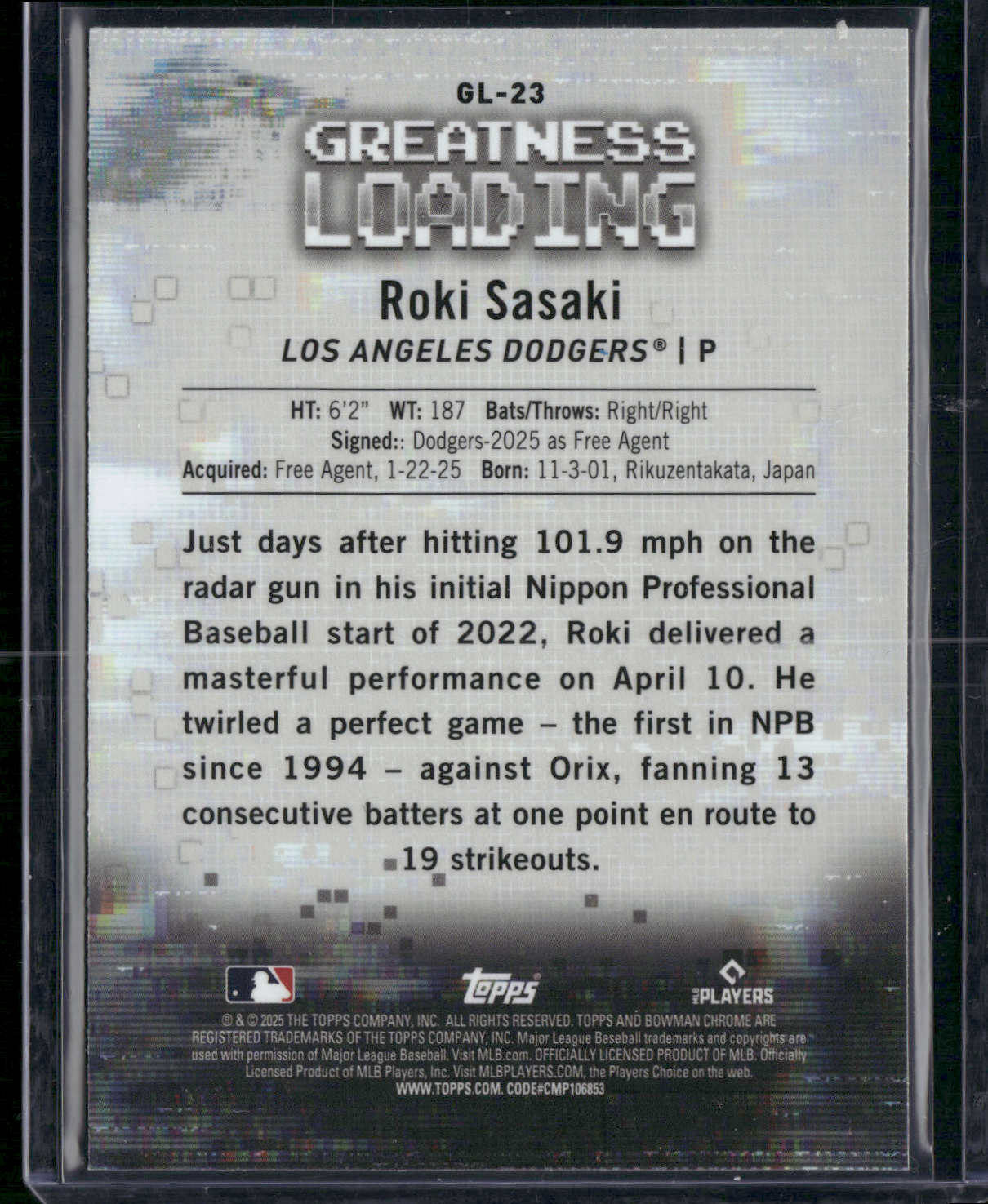 2025 Bowman ROKI SASAKI RC Rookie Card #GL-23 Greatness Loading