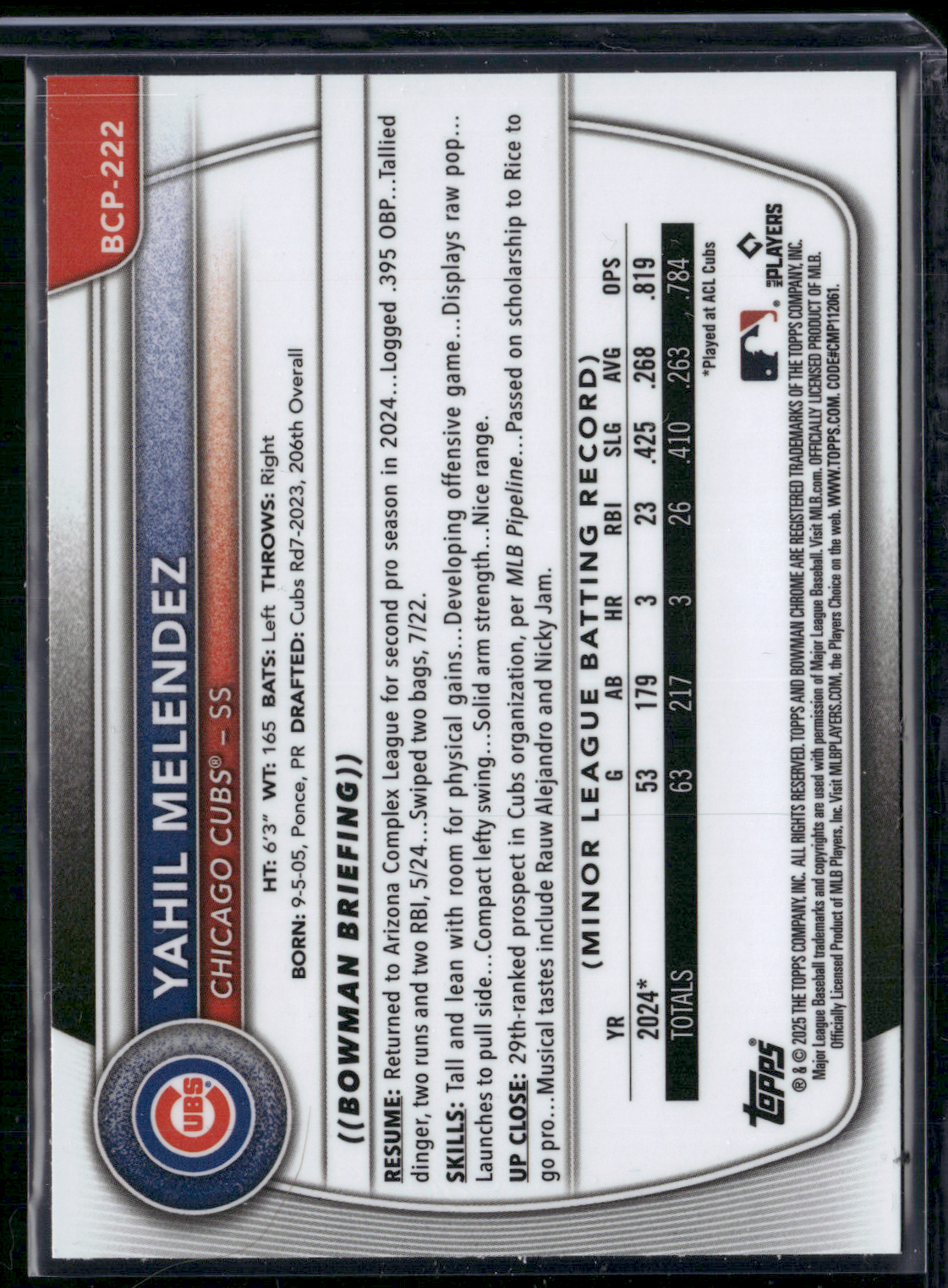 2025 Bowman Chrome YAHIL MELENDEZ #BCP-222 1st Bowman