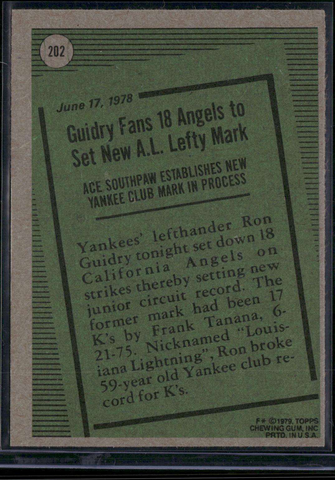 1979 Topps RON GUIDRY #202 1978 Record Breaker Grain Raise (EX)