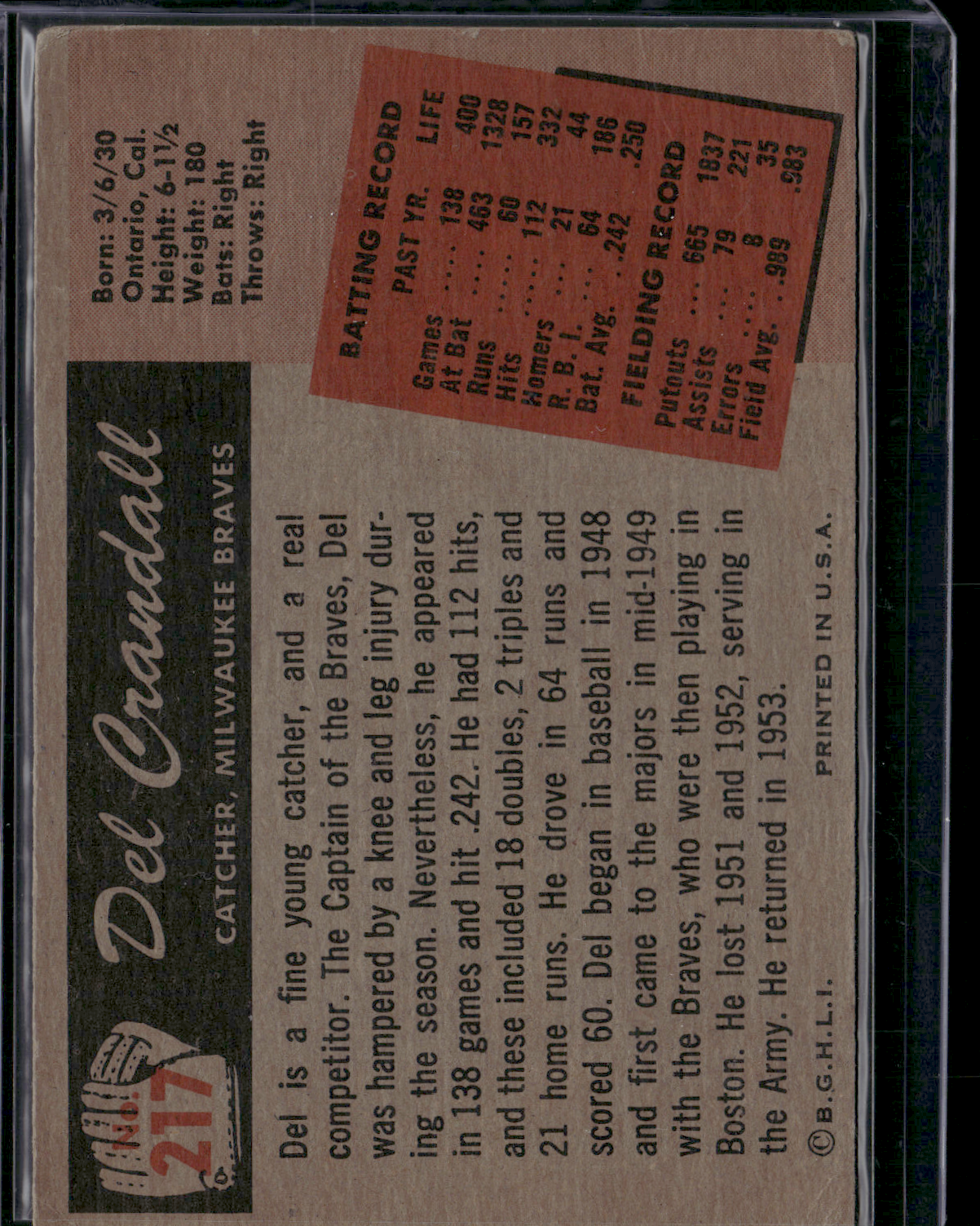 1955 DEL CRANDALL #217