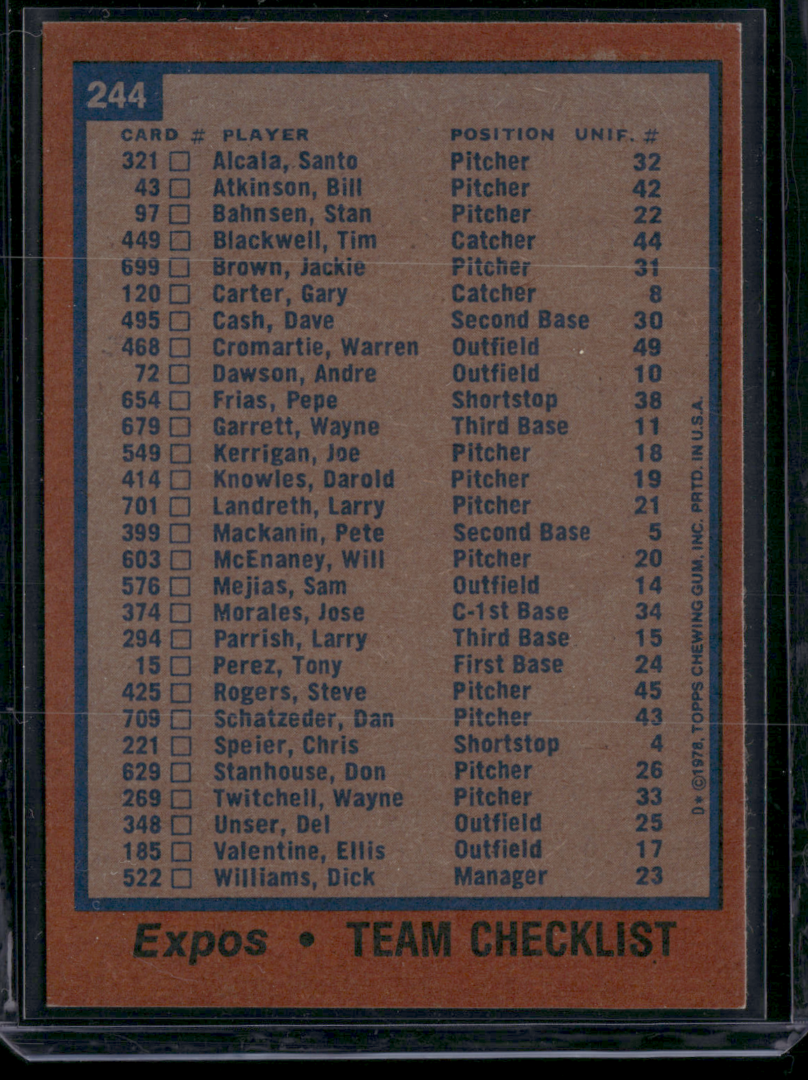 1978 Topps MONTREAL EXPOS #244 (EX-EX/MT)