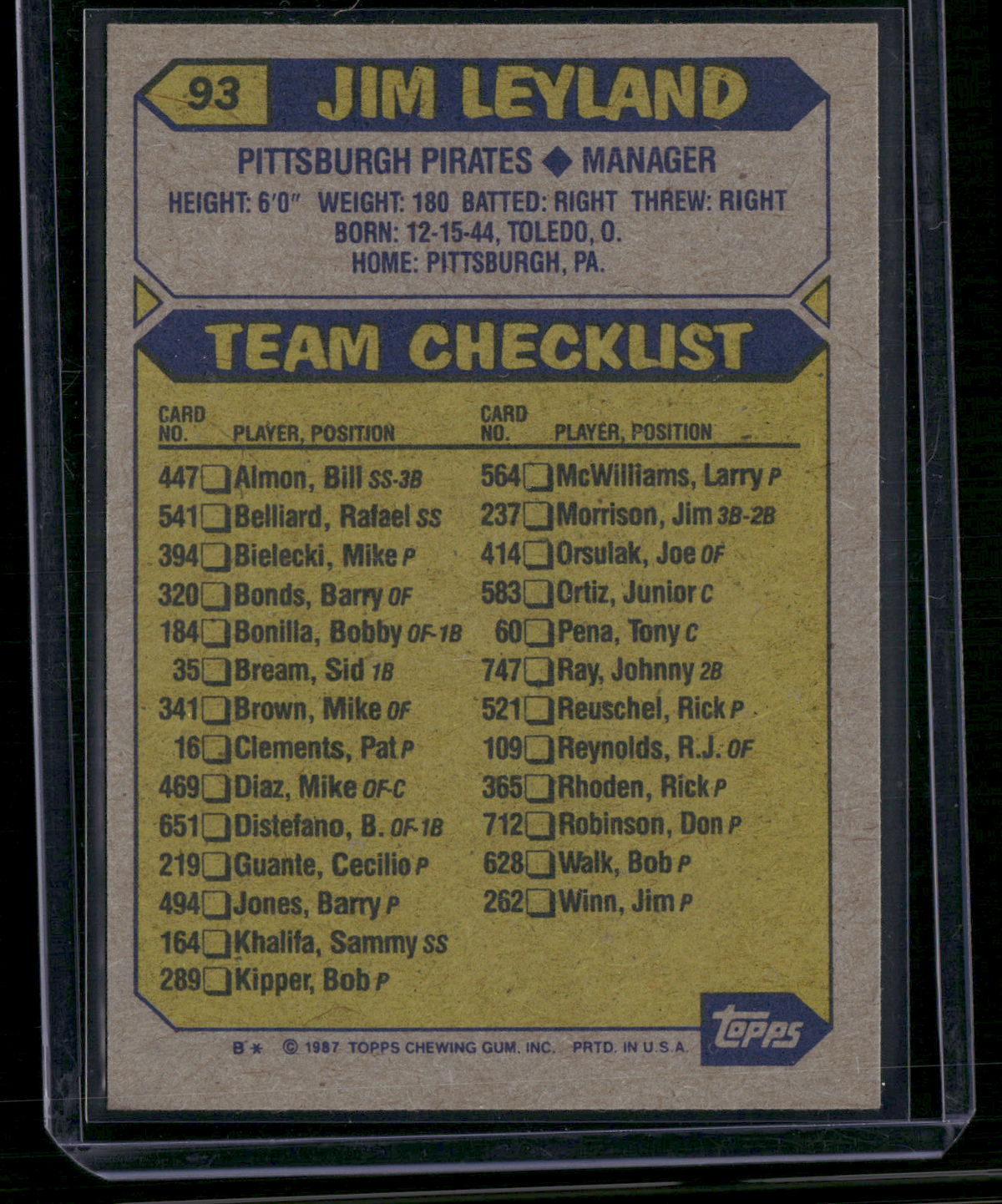 1987 Topps JIM LEYLAND #93 Autographed Auto Not Authenticated (VG/EX-EX)