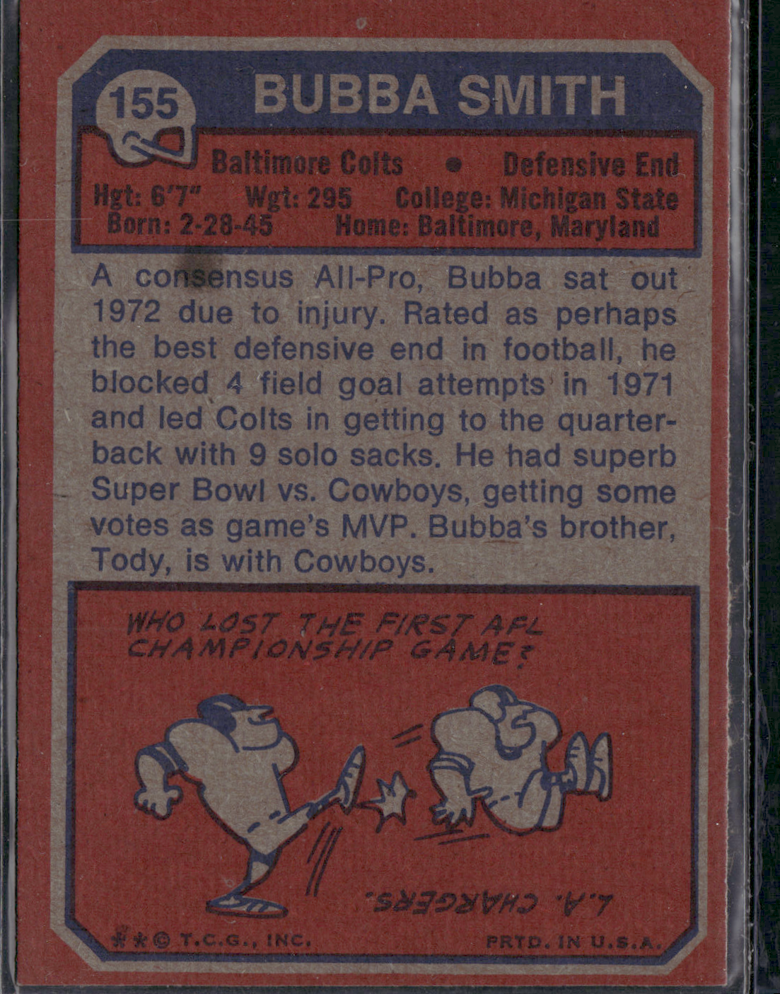 1973 Topps BUBBA SMITH #155 Stain on Back (VG-EX)