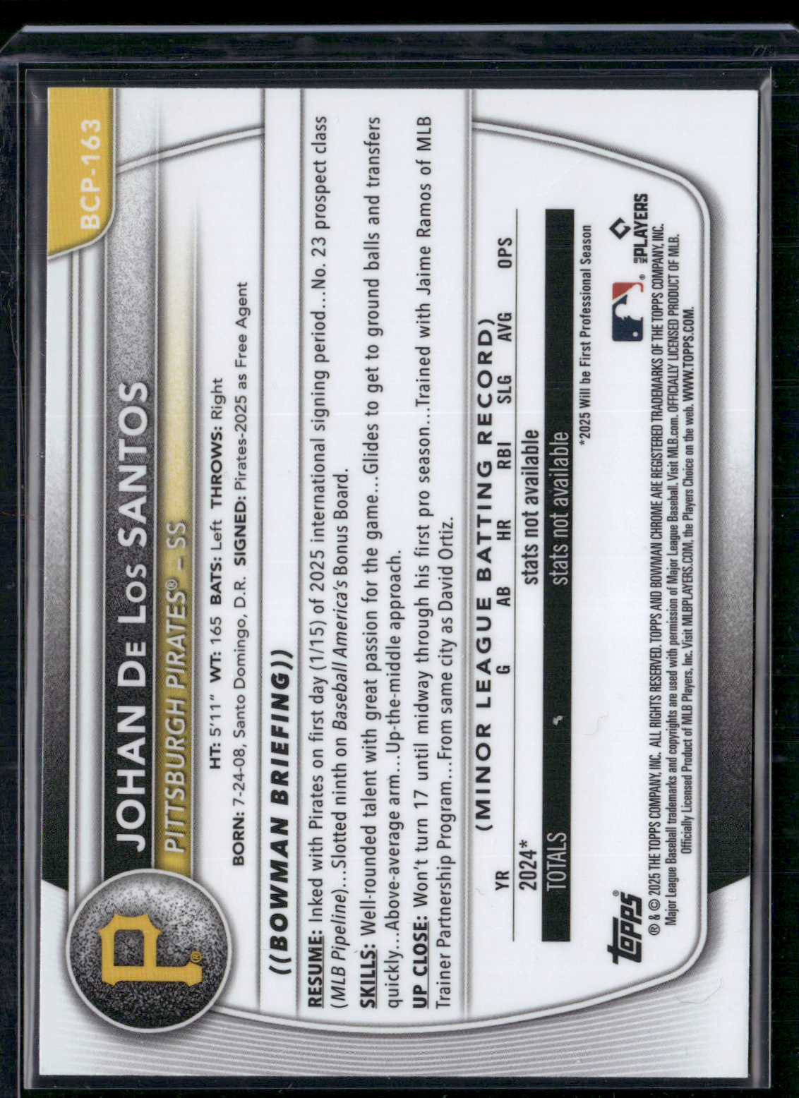 2025 Bowman Chrome JOHAN DE LOS SANTOS #BCP-163 Mega 1st Bowman