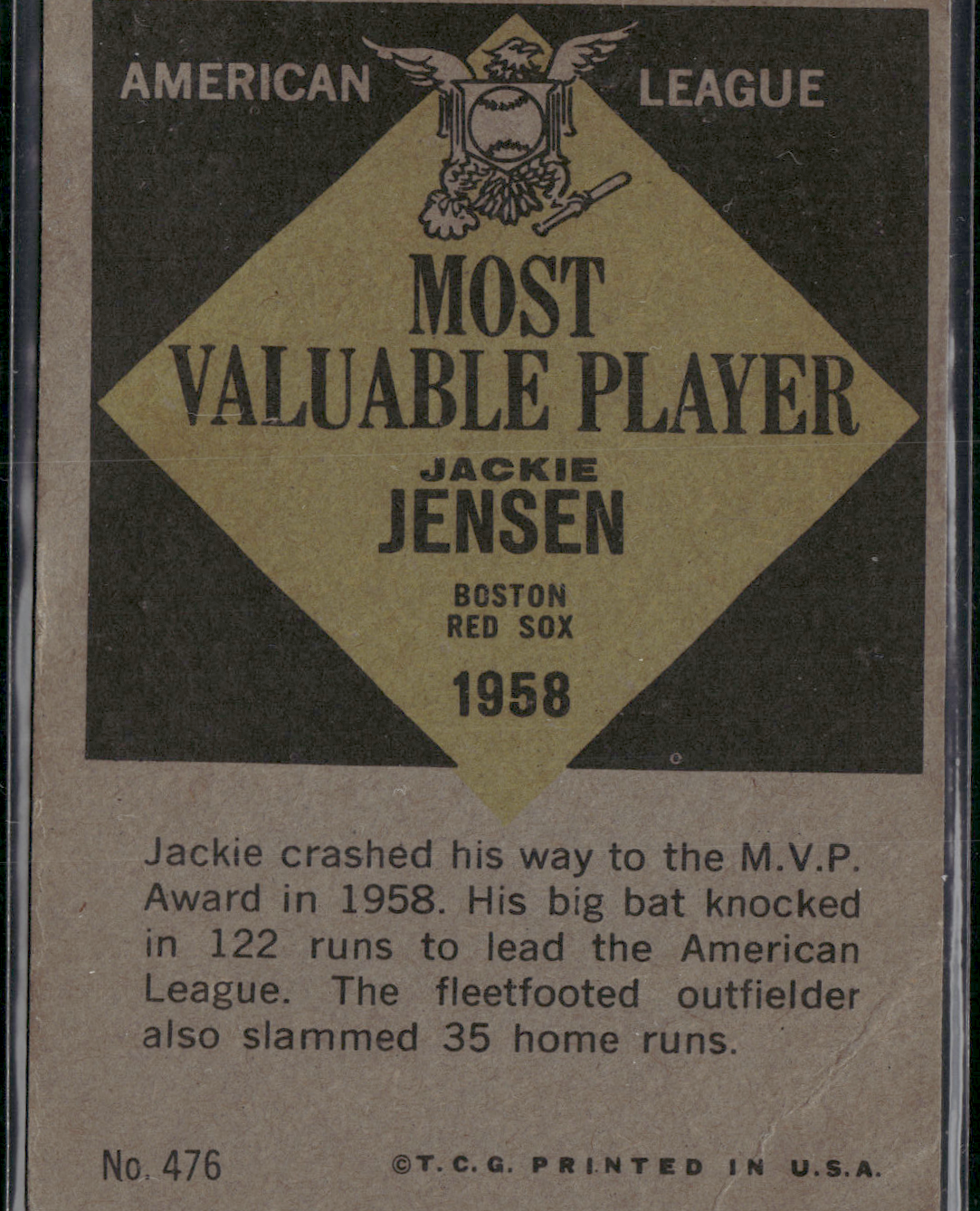 1961 Topps JACKIE JENSEN #476 1958 MVP Staining Crease (Good)