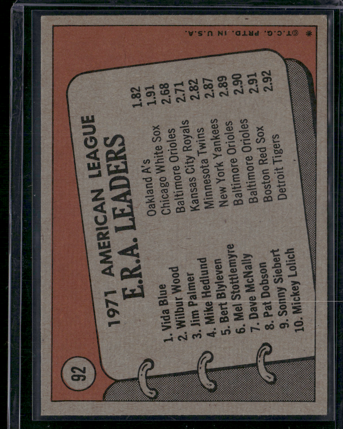 1972 Topps JIM PALMER/VIDA BLUE/WILBUR WOOD #92 1971 AL ERA Leaders (EX)