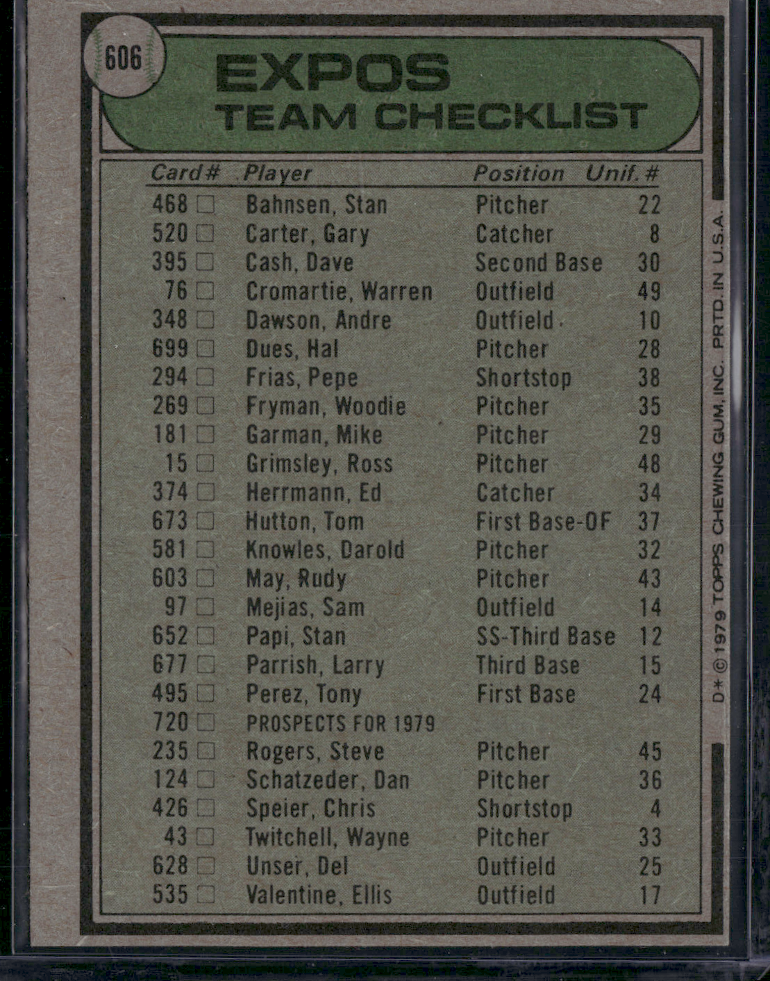1979 Topps MONTREAL EXPOS #606 Edge Chip (EX)