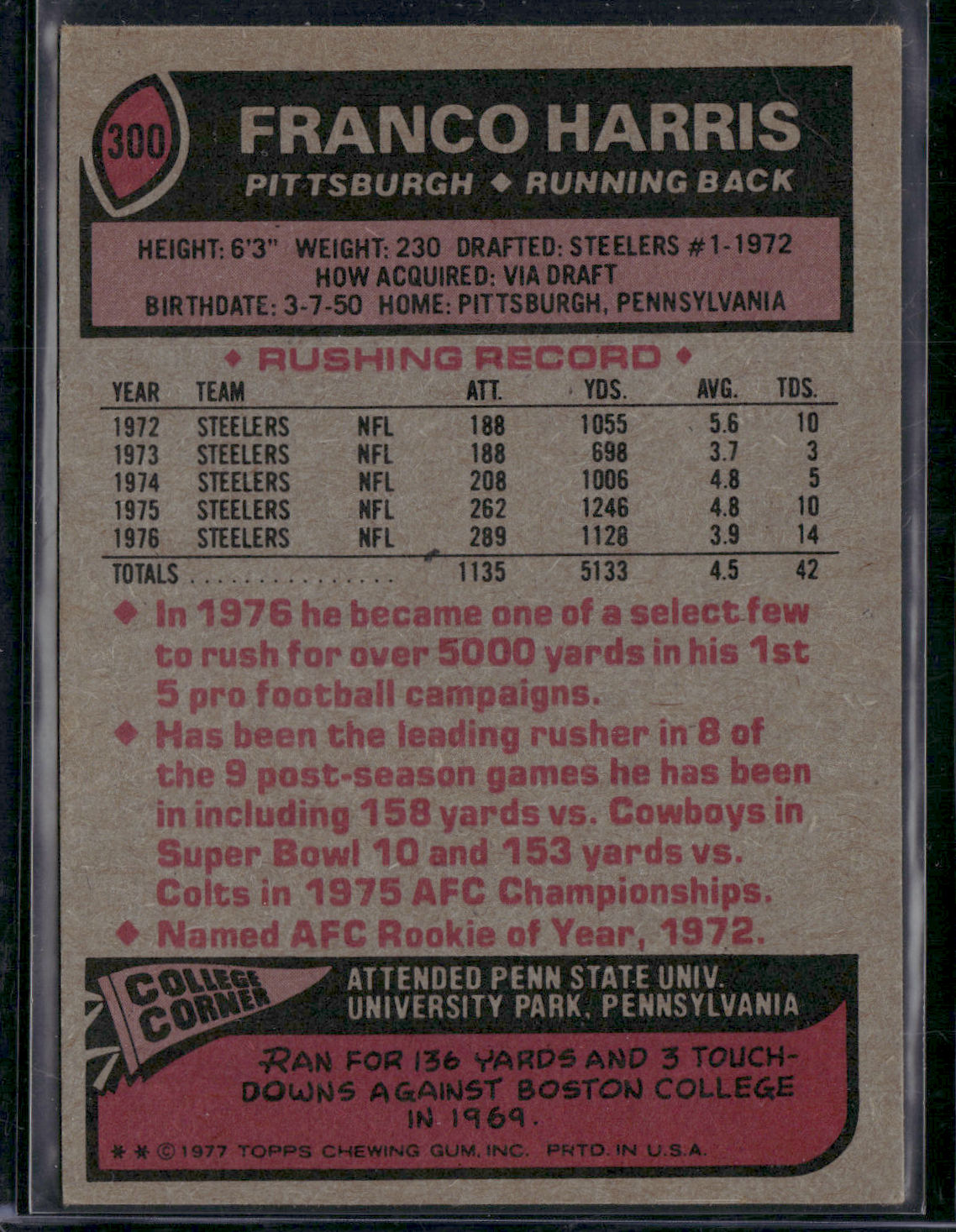 1977 Topps FRANCO HARRIS #300 (EX)