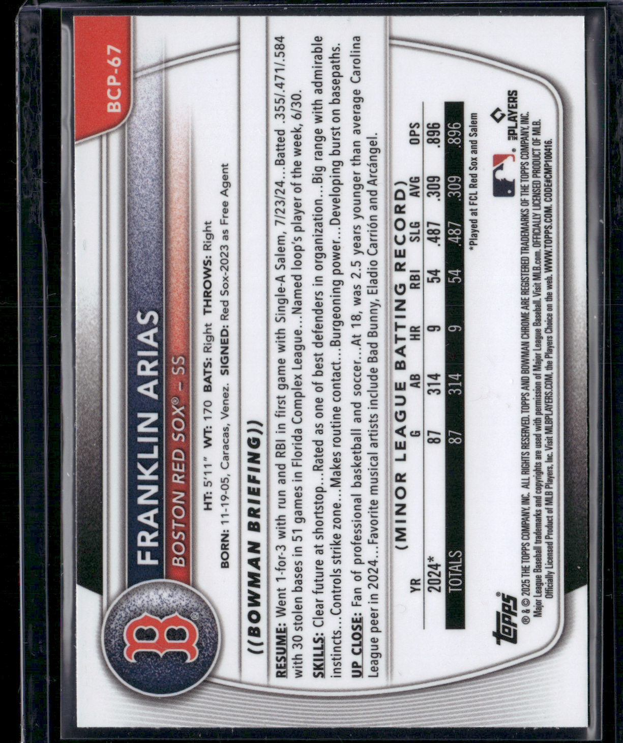 2025 Bowman FRANKLIN ARIAS #BCP-67 Chrome 1st Bowman