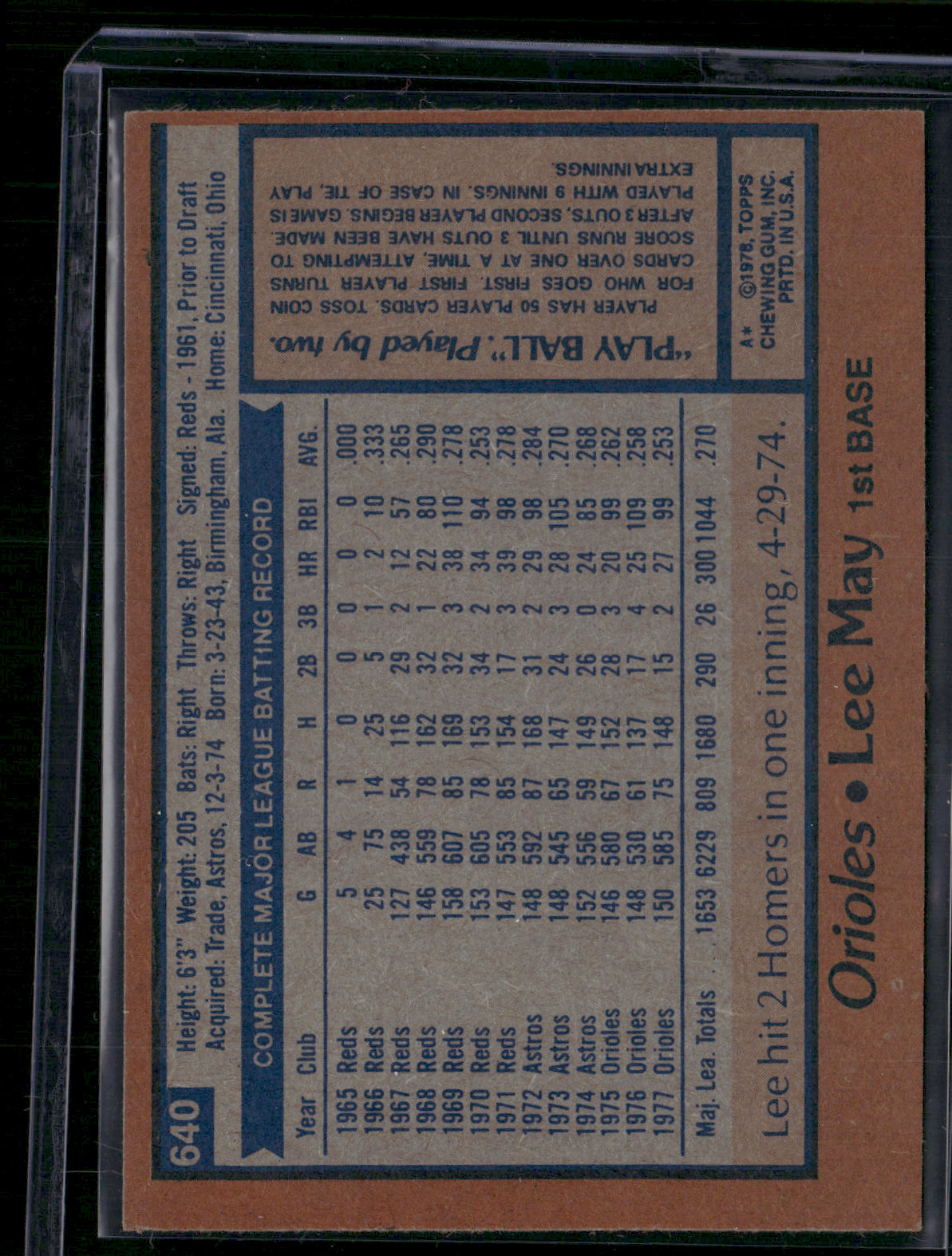 1978 Topps LEE MAY #640 (EX-EX/MT)