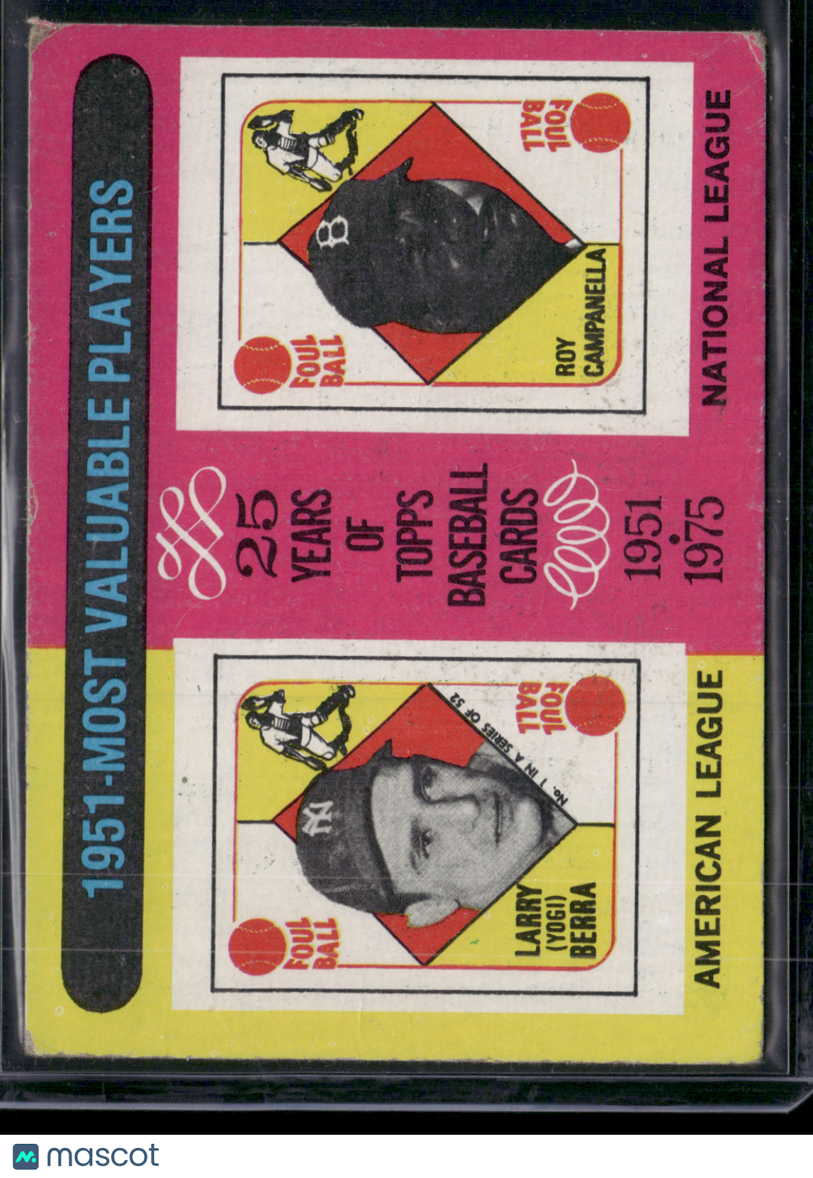1975 Topps YOGI BERRA/ROY CAMPANELLA #189 1951 MVP'S Wax Stain (VG)