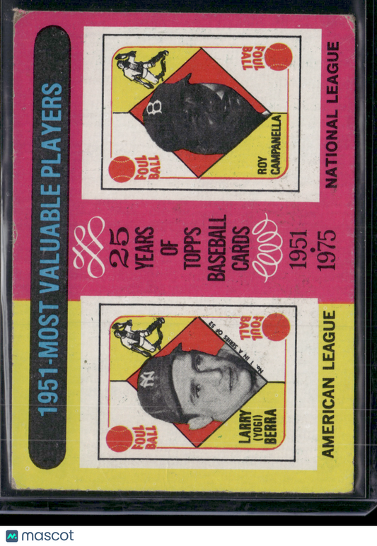 1975 Topps YOGI BERRA/ROY CAMPANELLA #189 1951 MVP'S Wax Stain (VG)