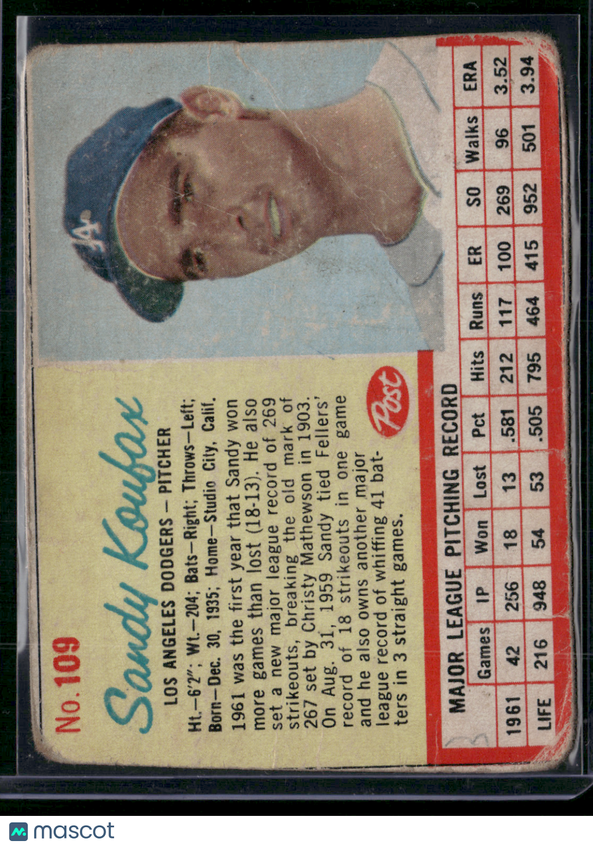 1962 Cereal Box SANDY KOUFAX #109 Hand Cut - Red Lines Pencil Wrinkles (Good)