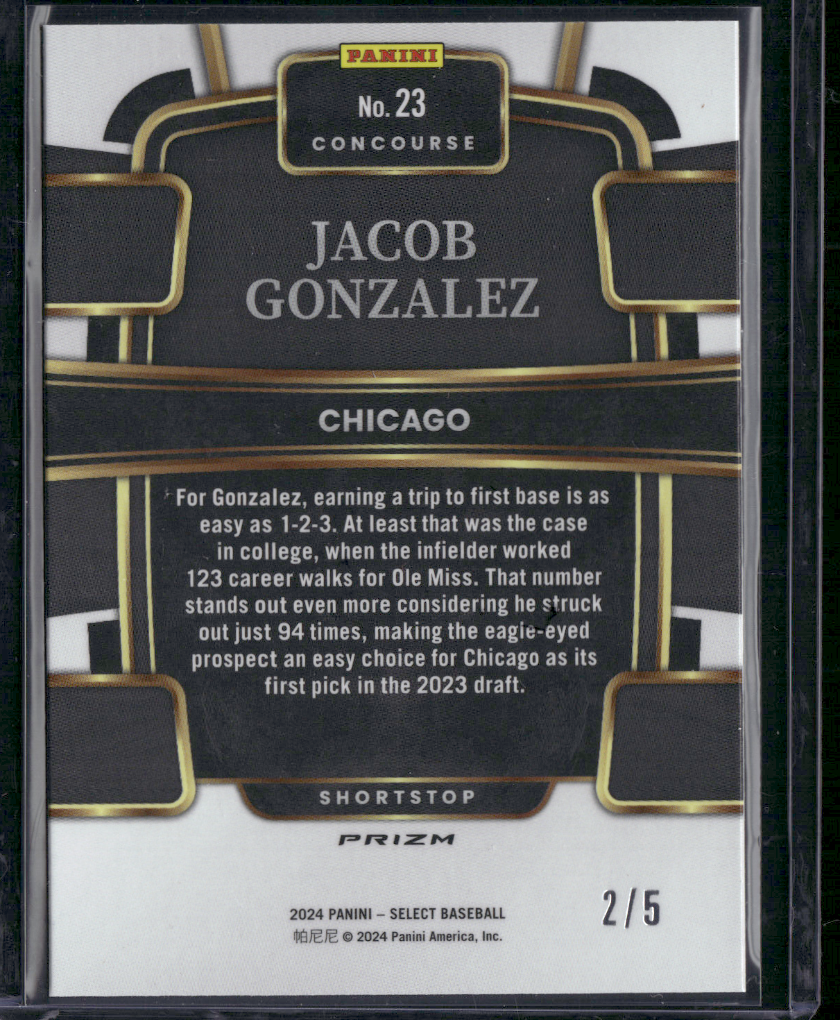2024 Select Baseball JACOB GONZALEZ #23 Concourse Green Prizm 2/5!!!