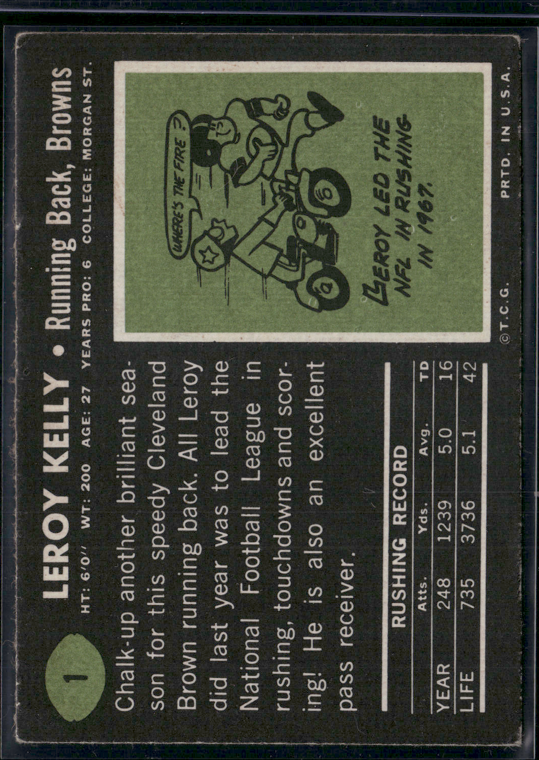 1969 Topps LEROY KELLY #1 Light Wrinkle (VG/EX)
