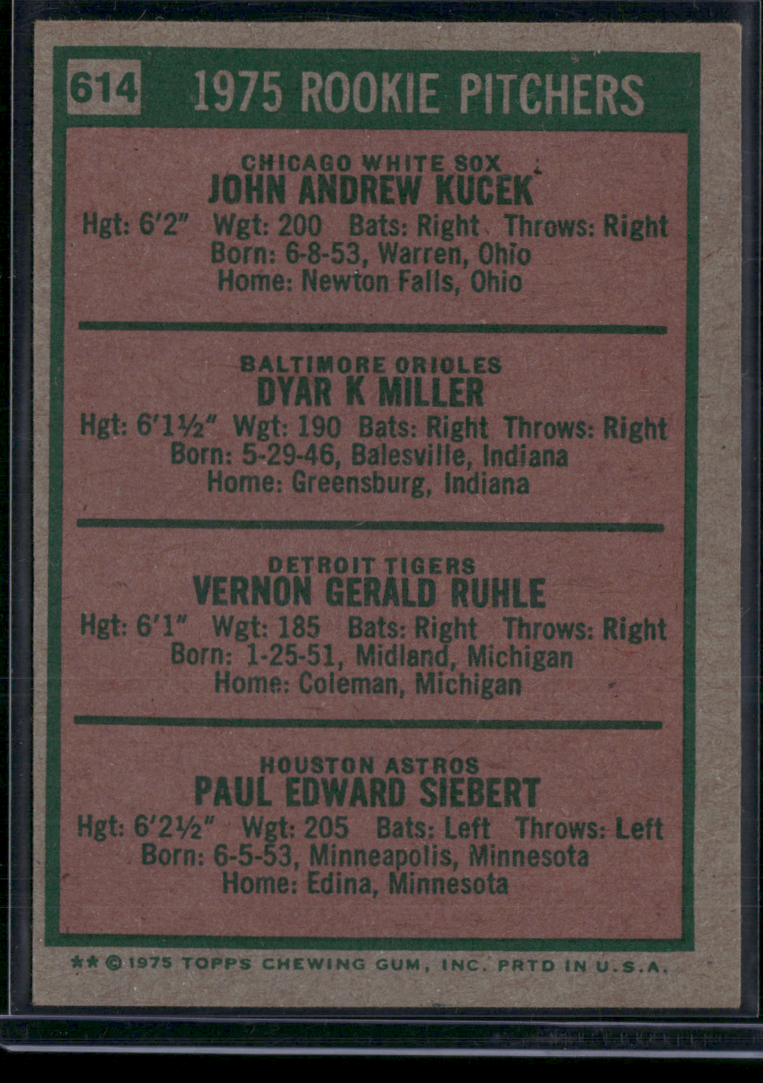 1975 Topps KUCEK/MILLER/RUHLE/SIEBERT #614 1975 Rookie Pitchers (EX)
