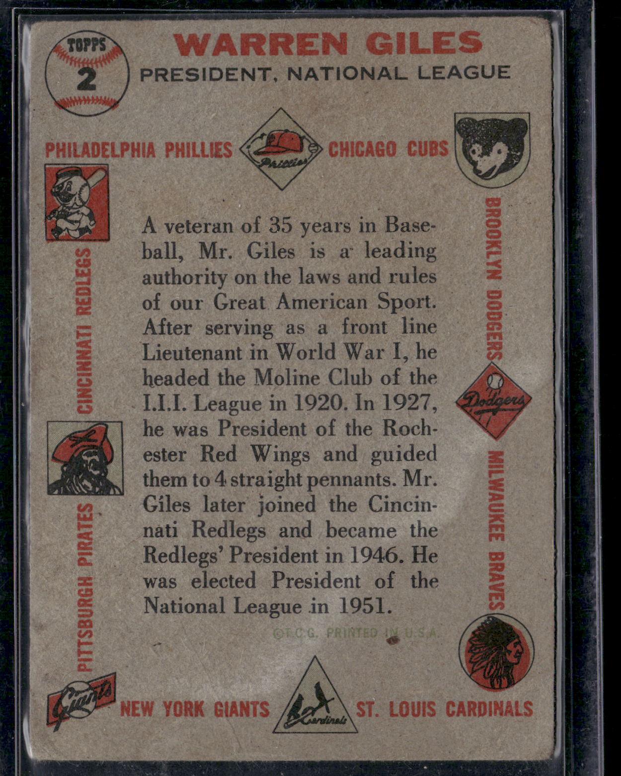 1956 Topps WARREN GILES #2 NL President