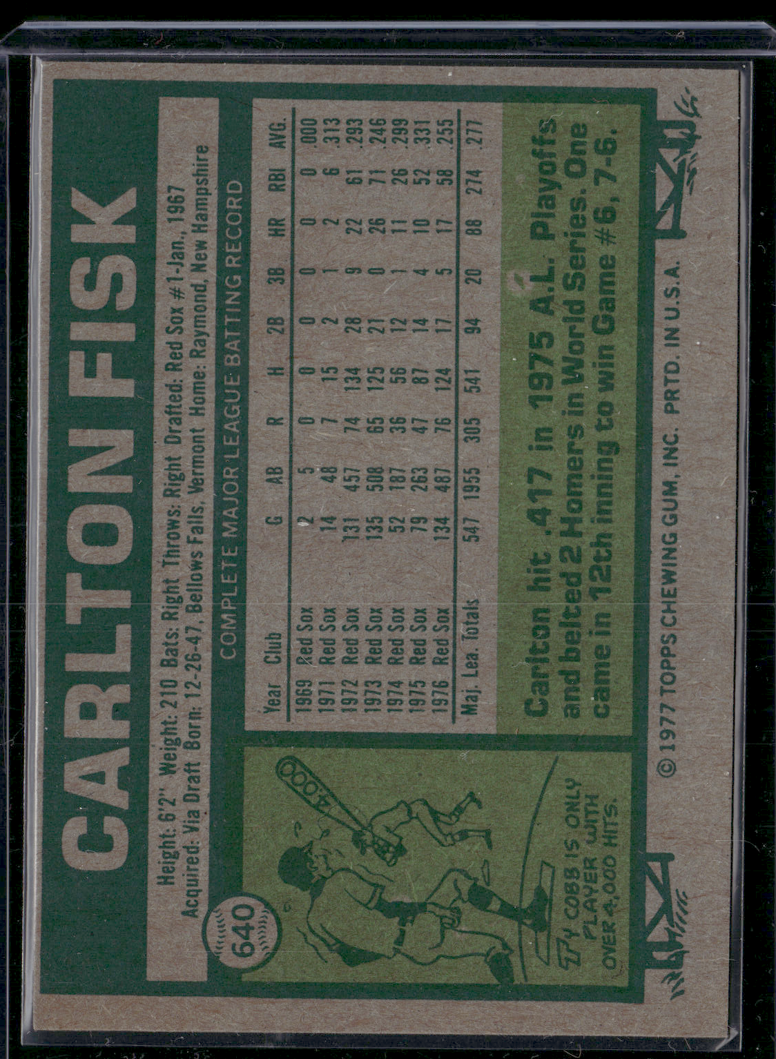 1977 Topps CARLTON FISK #640 (EX)