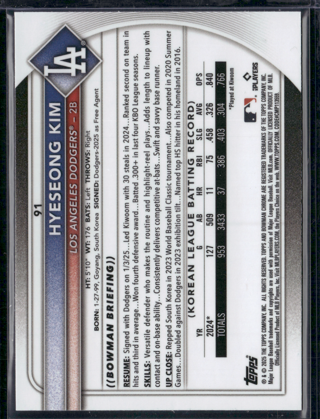 2025 Bowman HYESEONG KIM #91 Chrome RC ROOKIE RED SHIELD BUYBACK