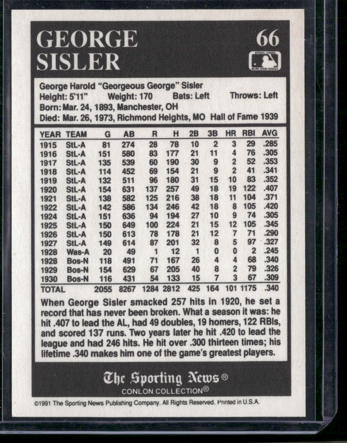 1991 Conlon Collection GEORGE SISLER #66 (EX)